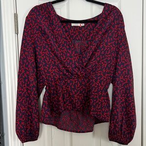 Floral Red and Blue Patterned satin Blouse